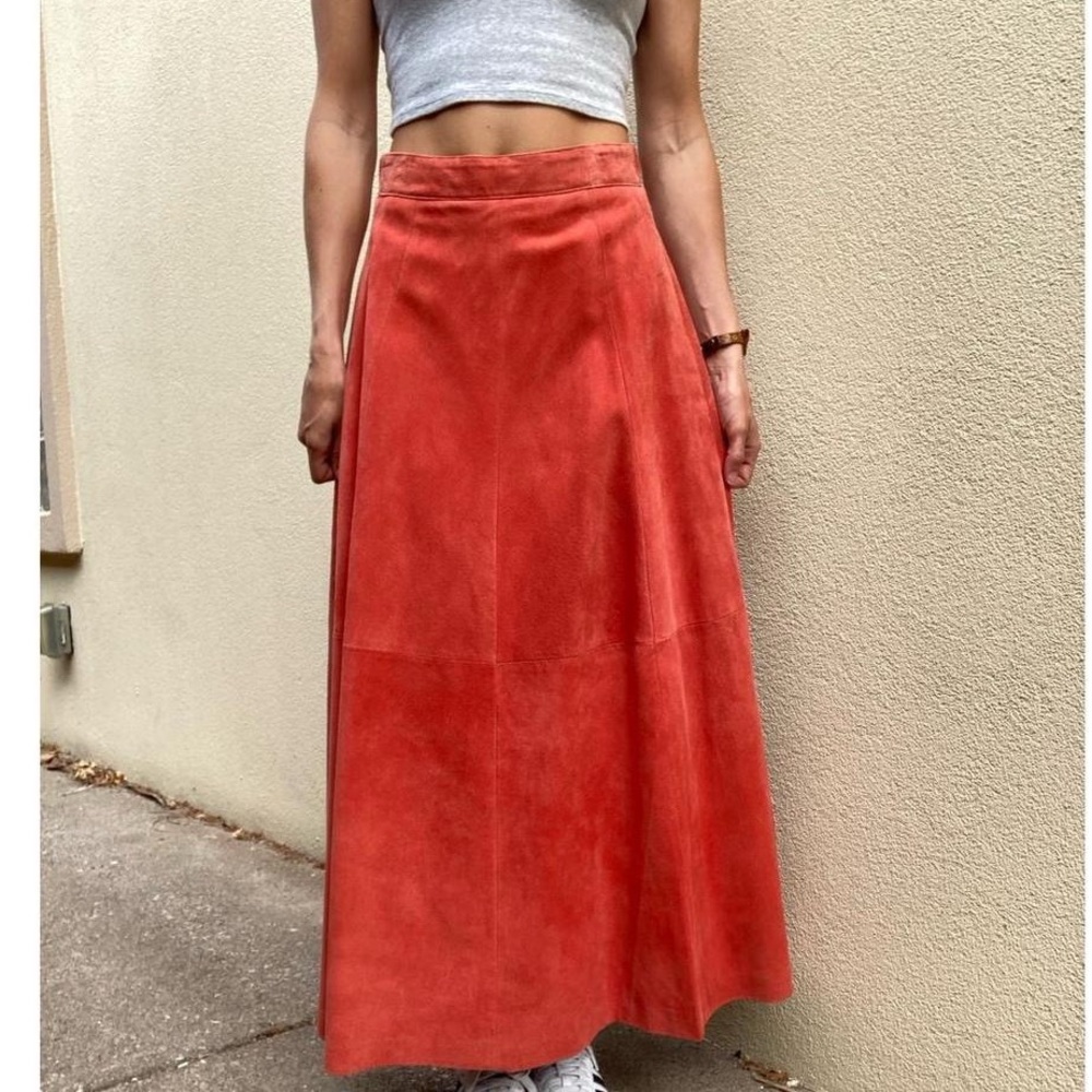 Vintage genuine suede leather western scarlet orange maxi skirt boho earthy